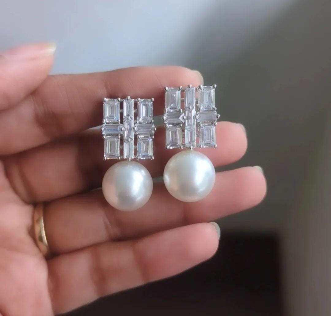 Baguette Diamond and Pearl Studs
