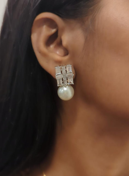 Baguette Diamond and Pearl Studs