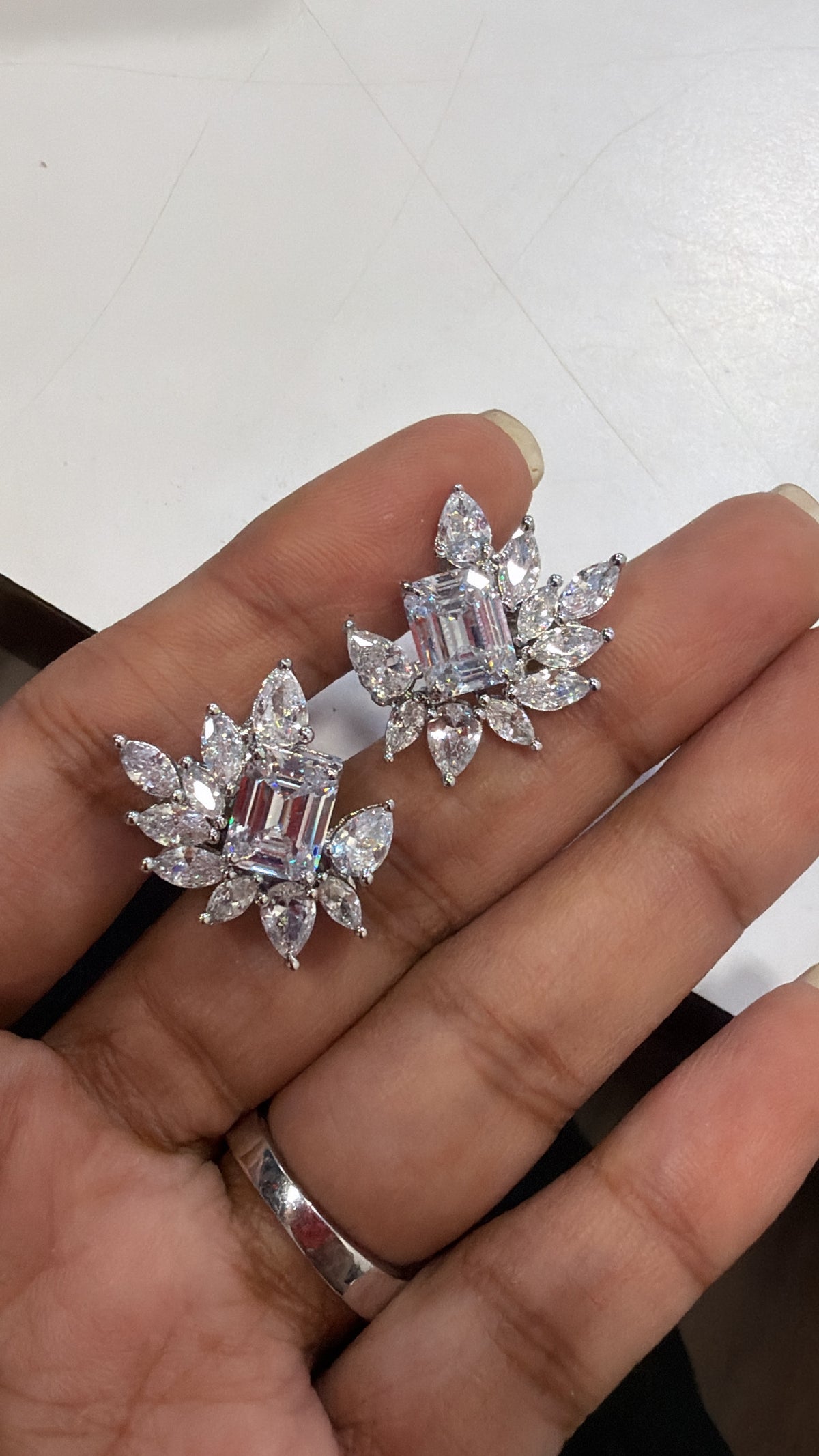 Emerald cut and Pear Cluster Stud