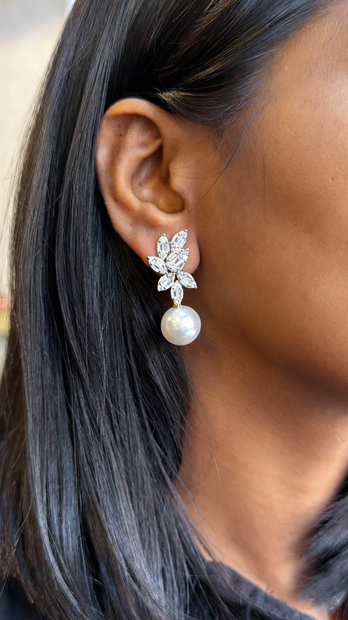 Ramya Invisible Setting Diamond and Pearl Earrings