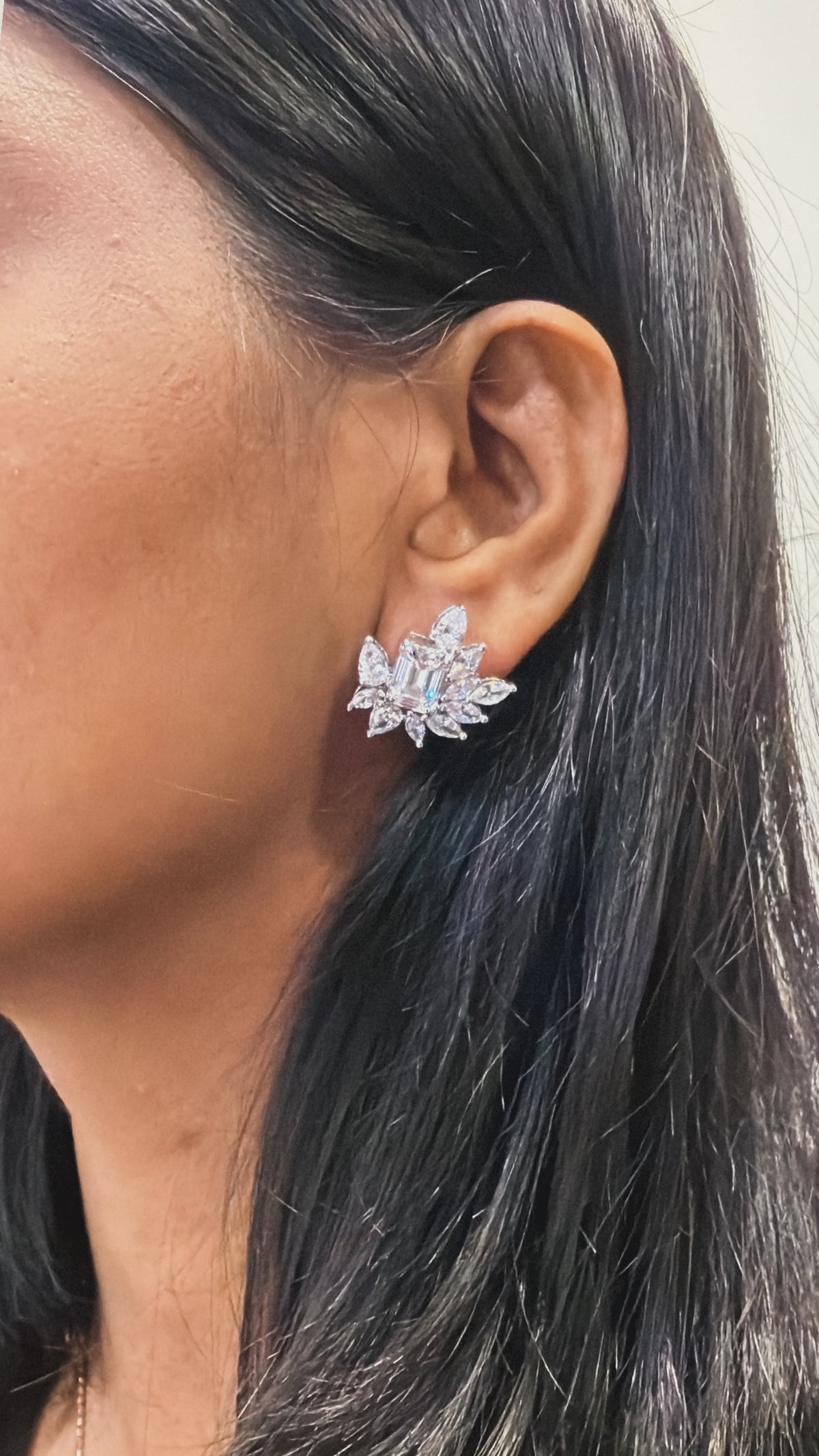 Emerald cut and Pear Cluster Stud