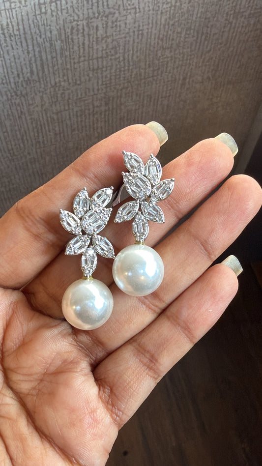 Ramya Invisible Setting Diamond and Pearl Earrings